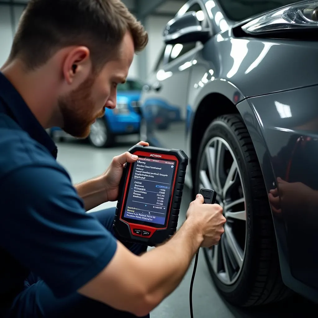 Mechanic using Actron scan tool to diagnose car engine