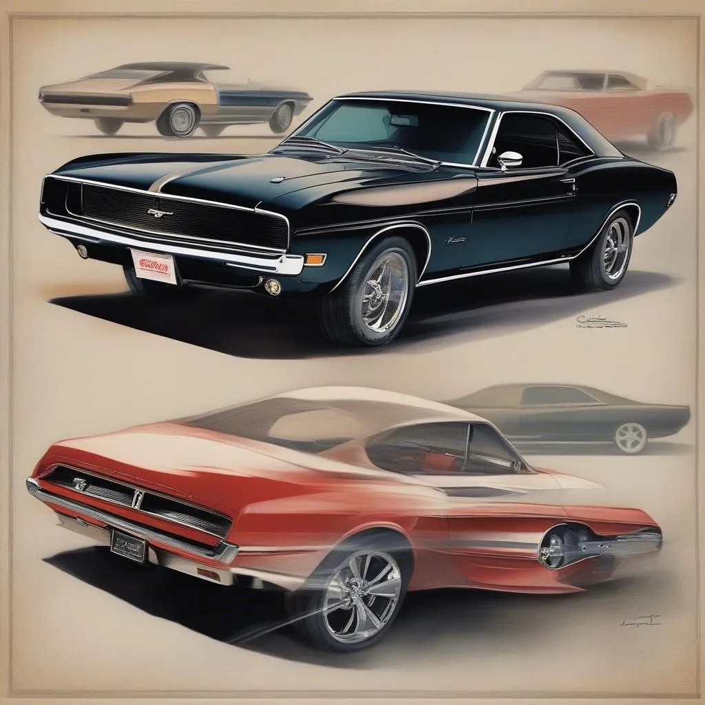 Popular affordable classic American muscle cars, including Ford Mustang, Chevrolet Camaro, and Dodge Charger