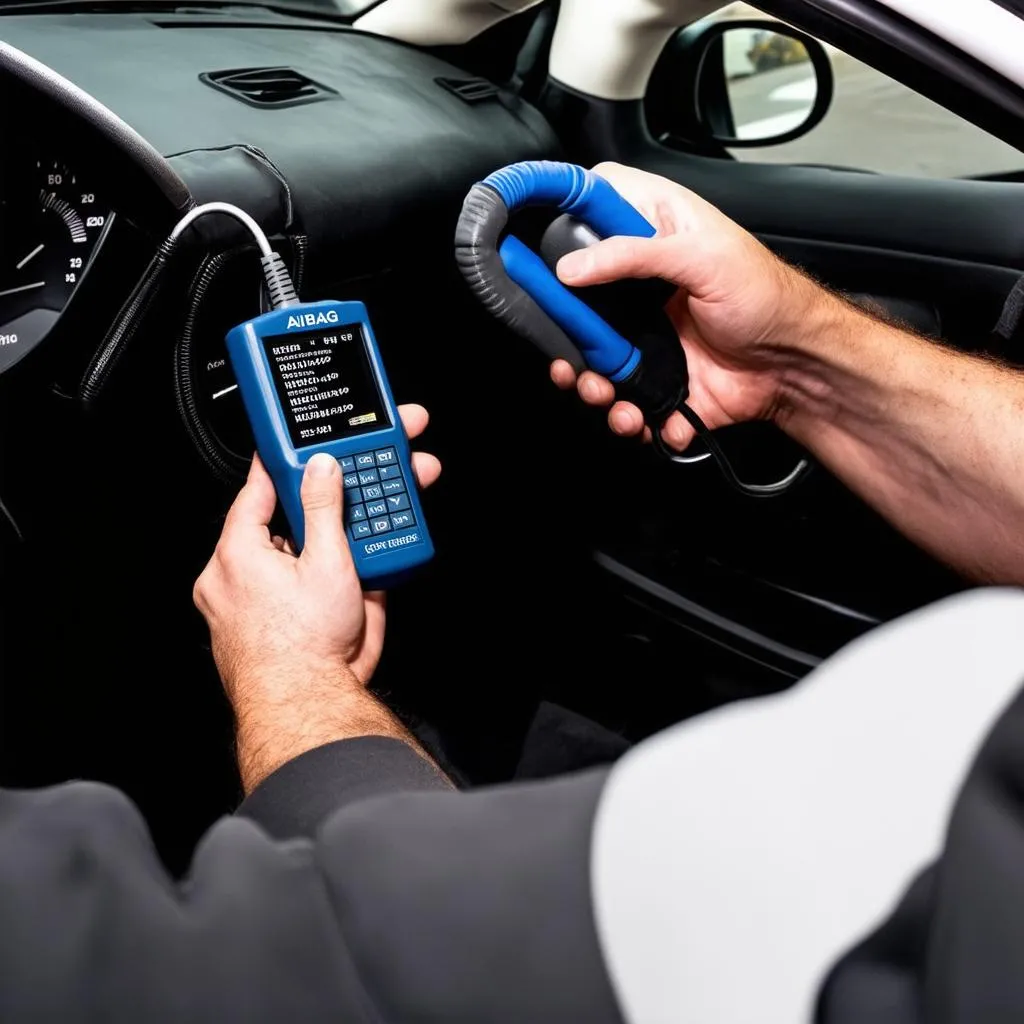 Mechanic using an airbag code reader