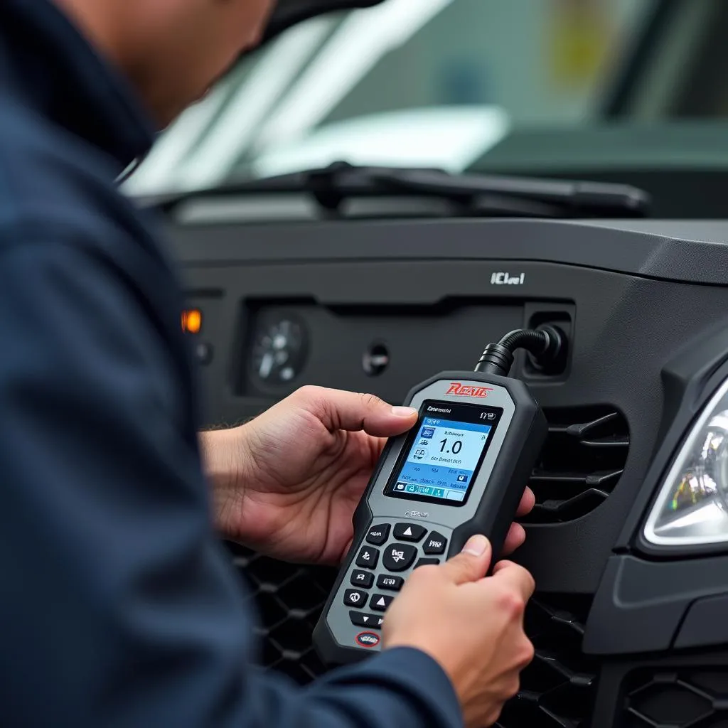 Mechanic connecting an all systems scan tool to a car's OBD-II port