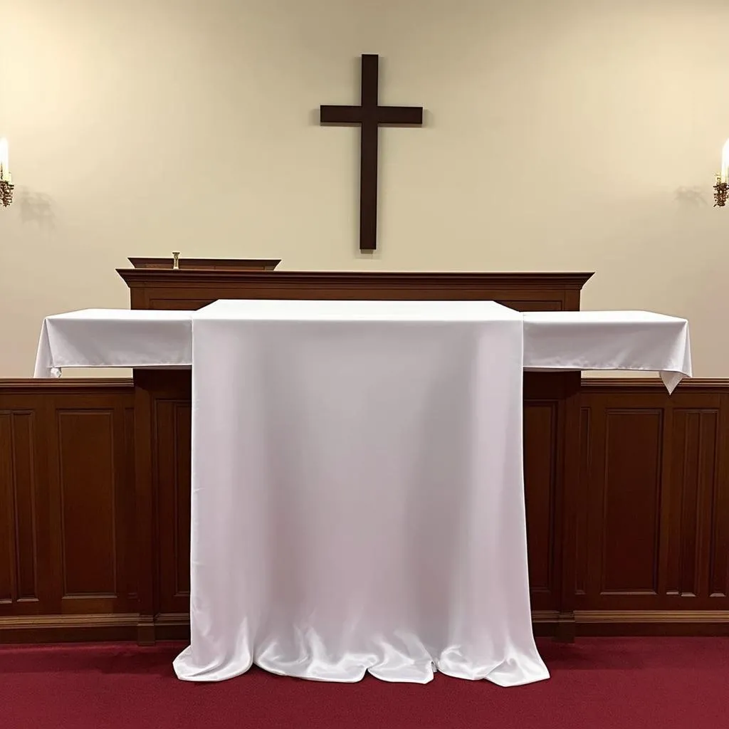 White altar cloth draped over a church altar