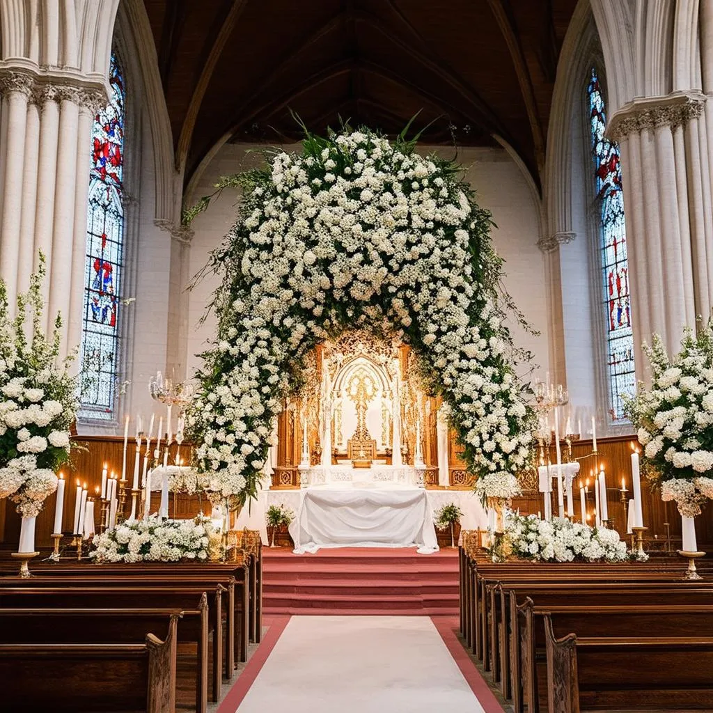 Elegant floral arrangements adorning a church altar in Orleans