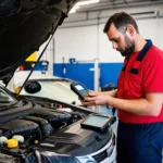 Mechanic using a scan tool to diagnose a car engine