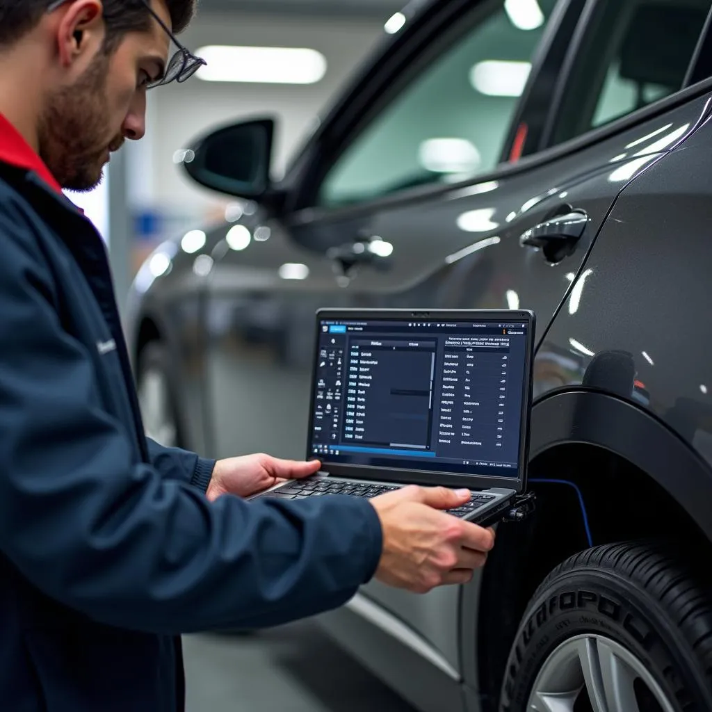 Mechanic using an AMD scan tool to diagnose a European car