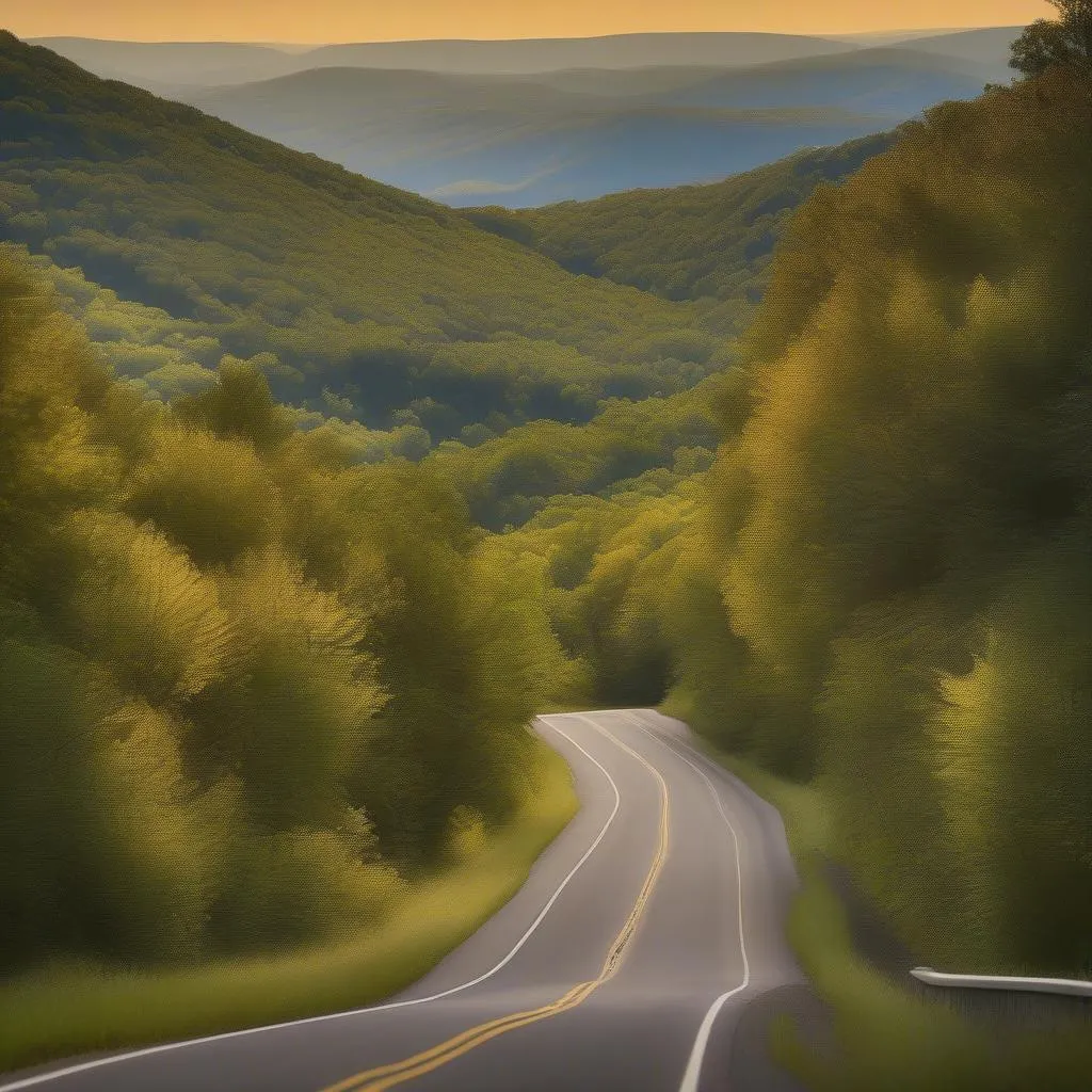 A scenic highway in the United States, showcasing the beauty of America's diverse landscapes. The road winds through rolling hills, forests, and valleys, evoking a sense of adventure and freedom.