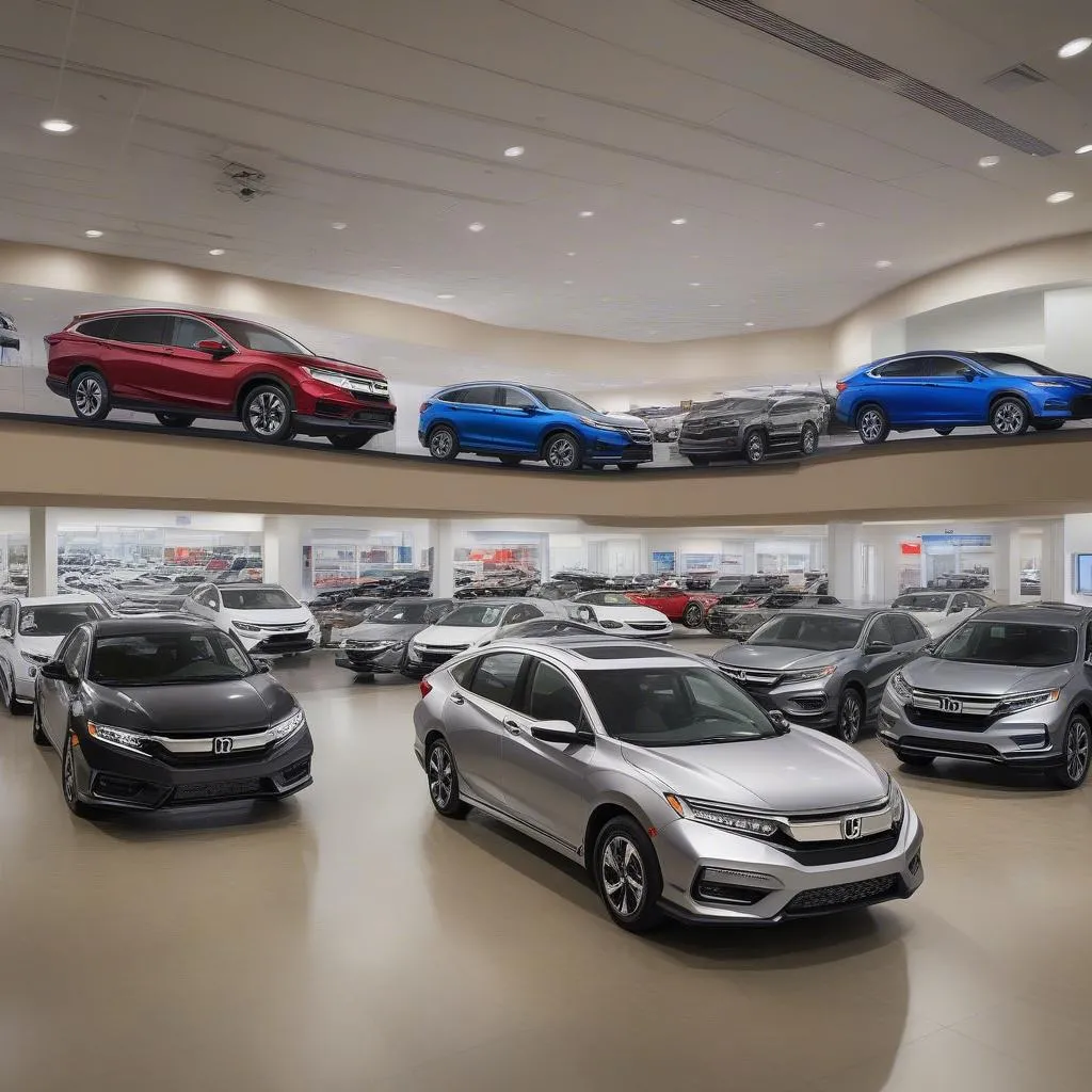 Spacious showroom with a variety of Honda models