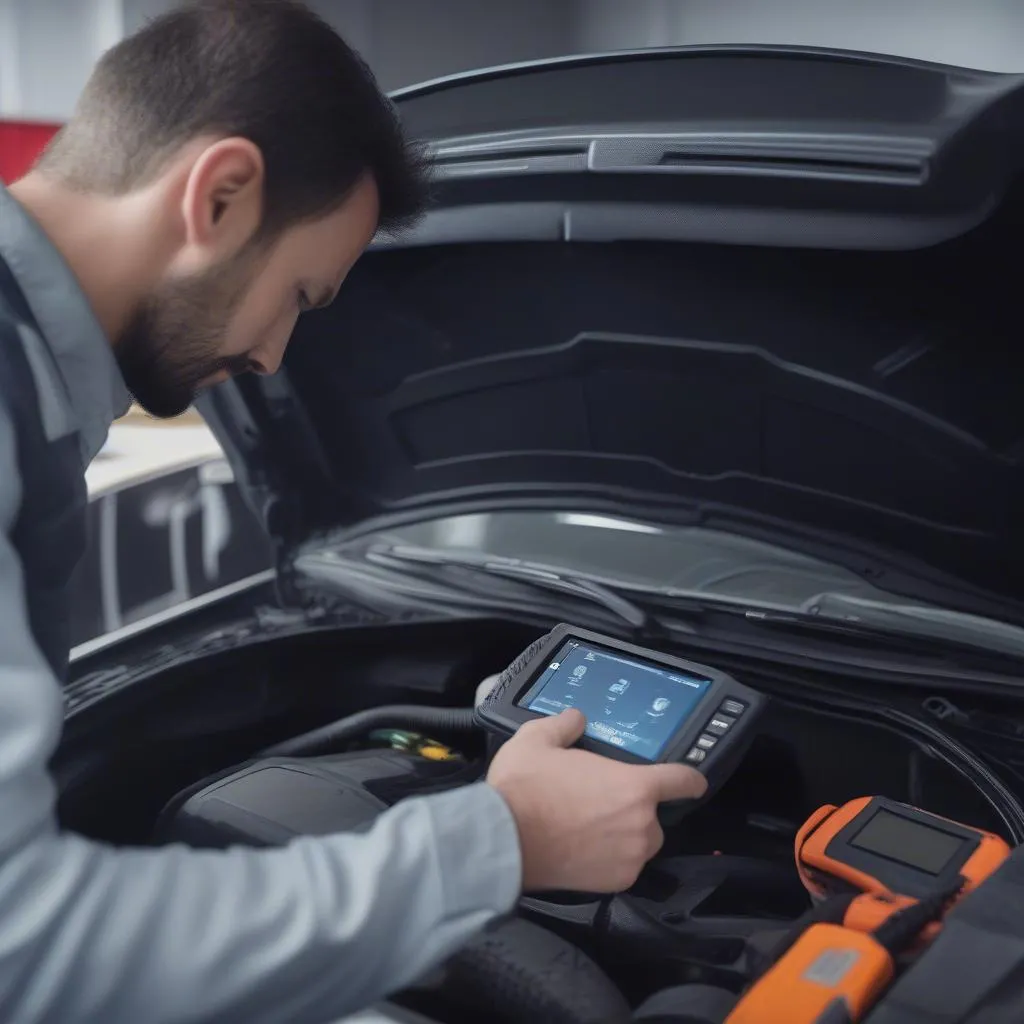 Mechanic using the Ancel X6 scan tool on a car's OBD-II port