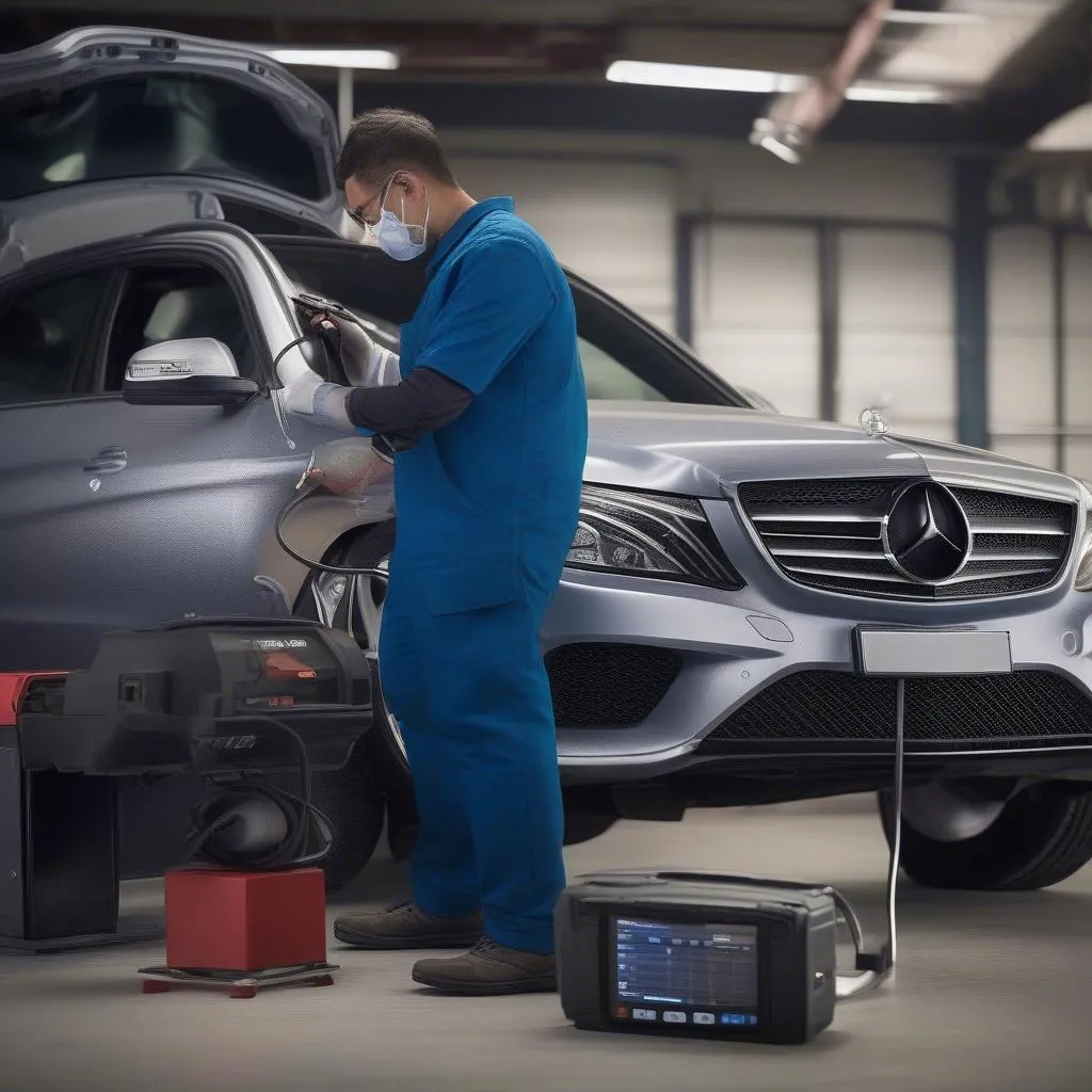 Mechanic using API scan tool to diagnose a car problem