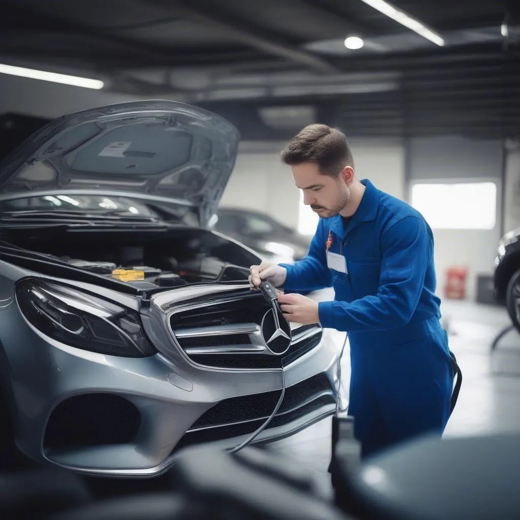 Mechanic using API scanning tool on a car