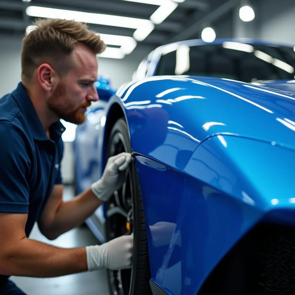 Professional applying car wrap in a garage