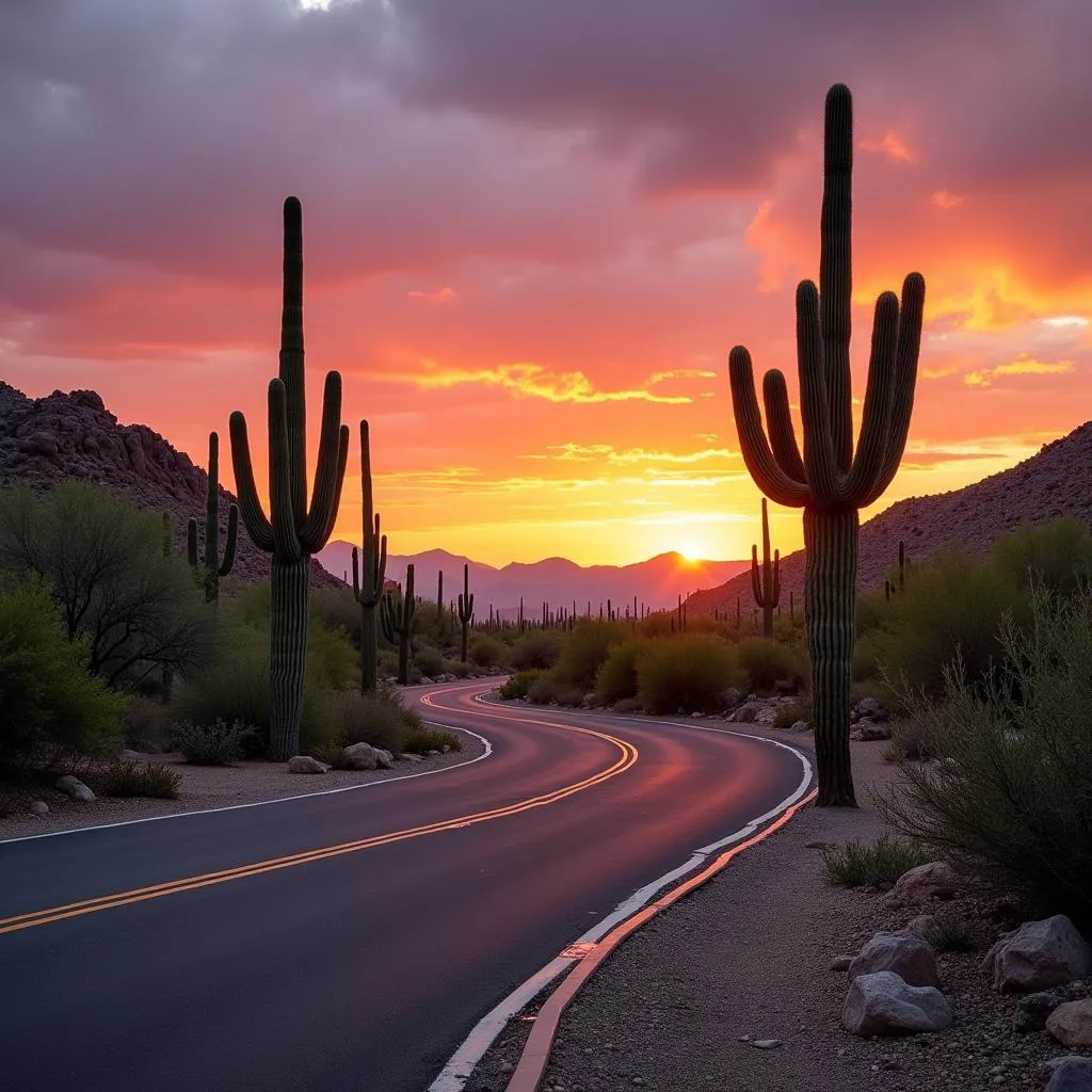 Arizona Desert Road with Saguaro Cactus