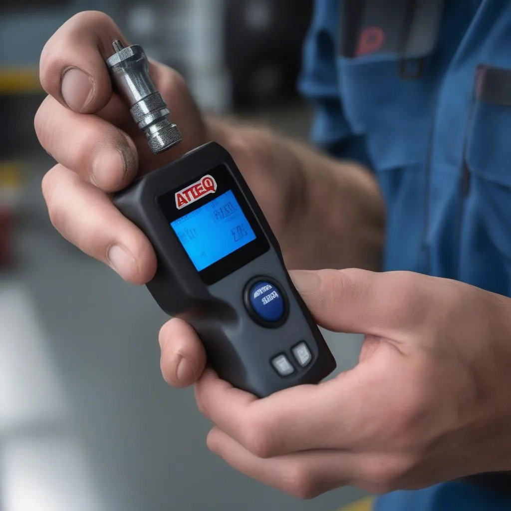 Mechanic holding an ATEQ QuickSet TPMS reset tool