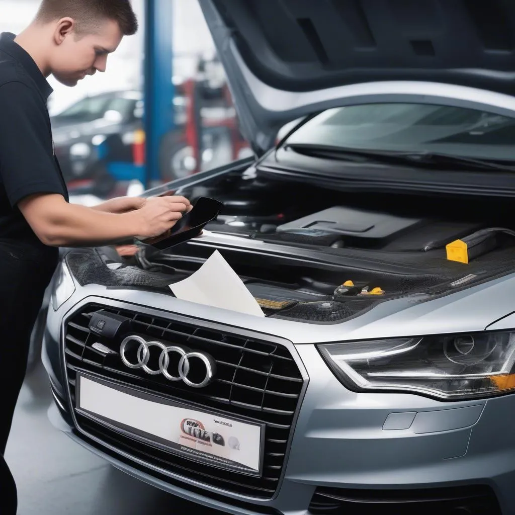 Audi A4 check engine light on, mechanic using diagnostic tool