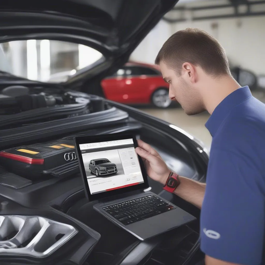 Audi owner using a handheld diagnostic tool