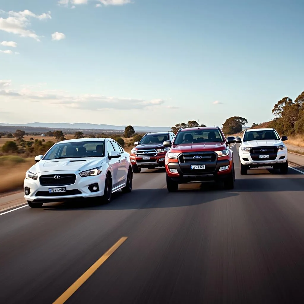 Popular Australian car models driving on a scenic road