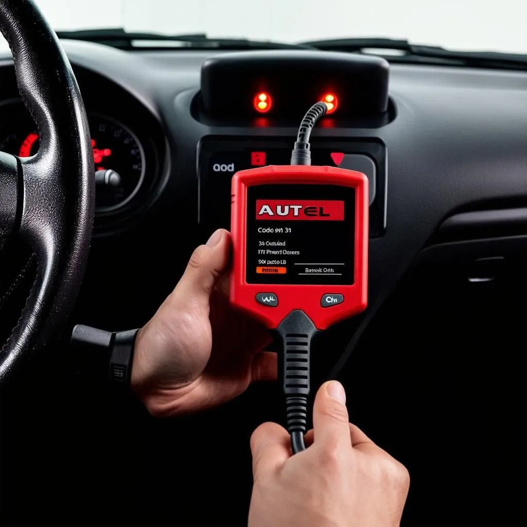 Autel 301 plugged into a car's OBD-II port