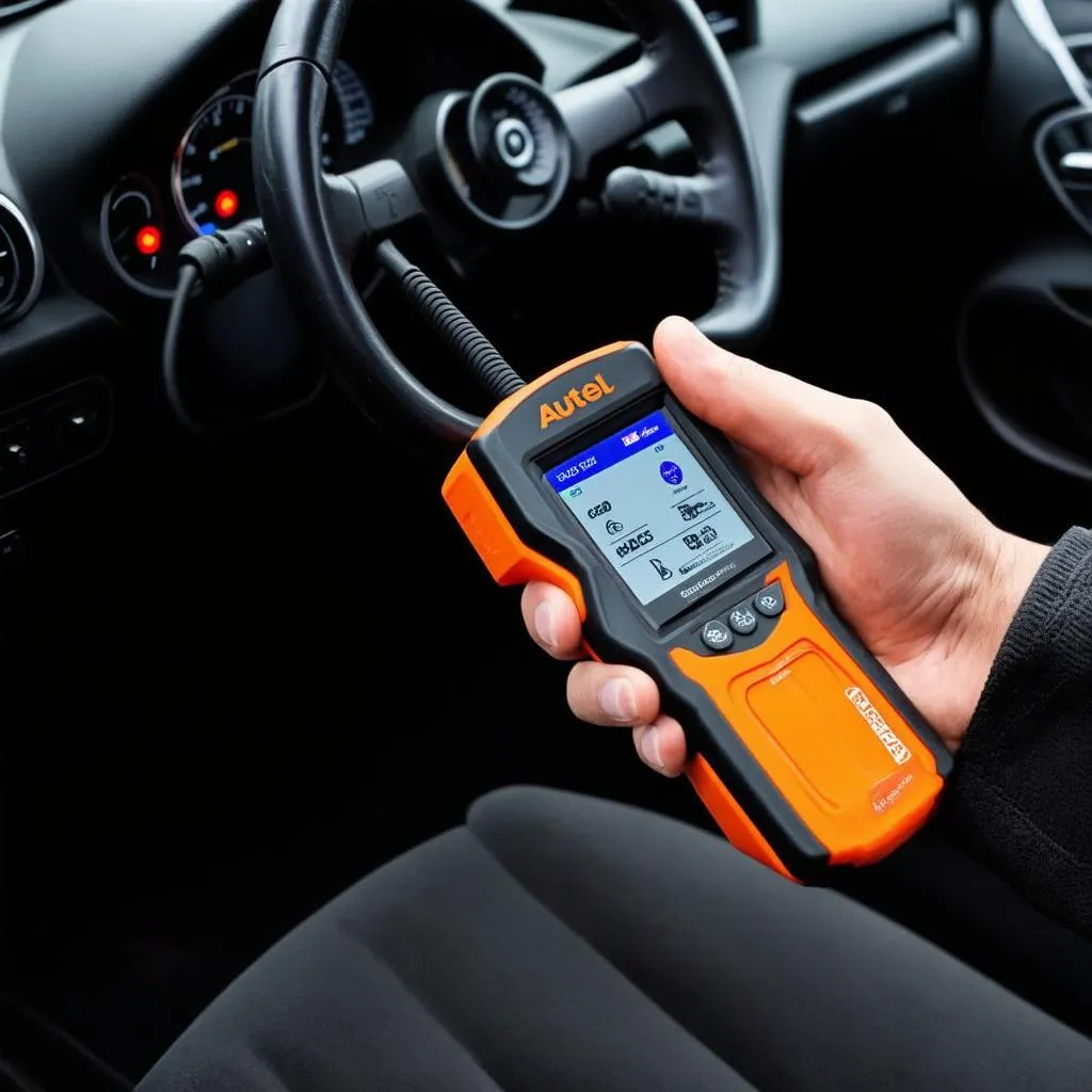 Mechanic using Autel AL539 to diagnose a car problem