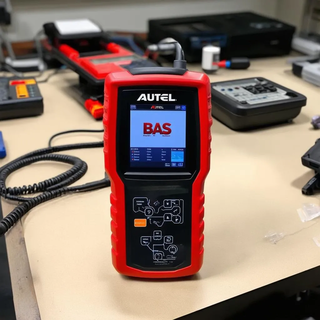 Autel BAS scanner on a workbench