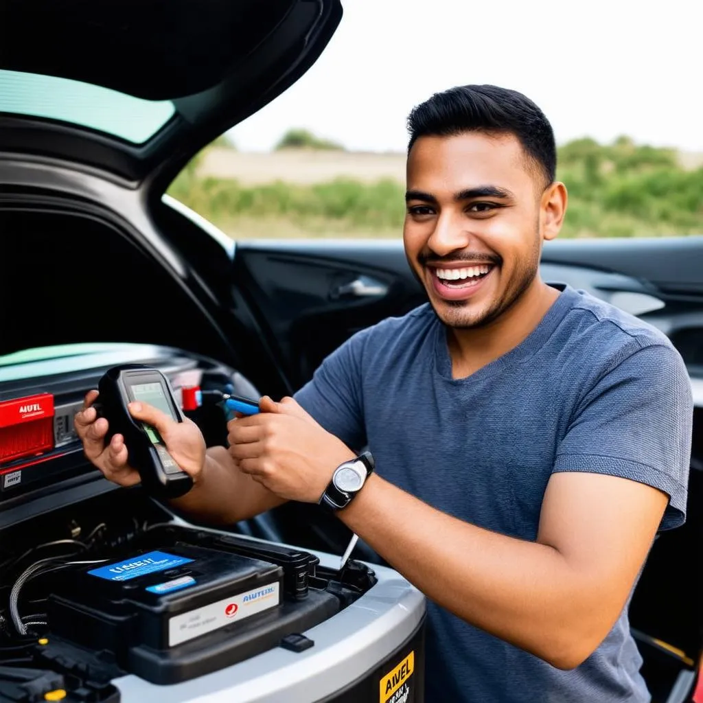 Happy car owner using Autel BMS