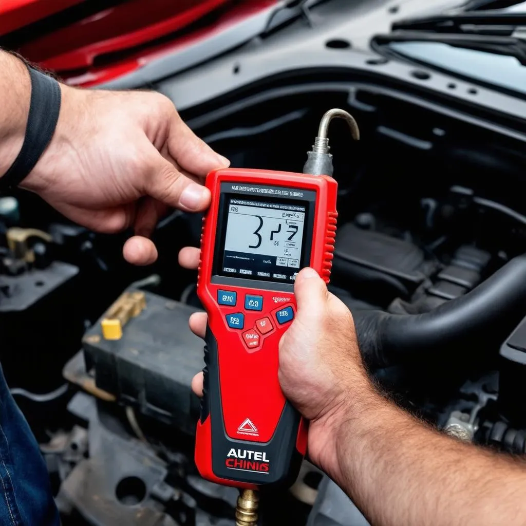 A mechanic using an Autel Chinois tool to diagnose a car problem