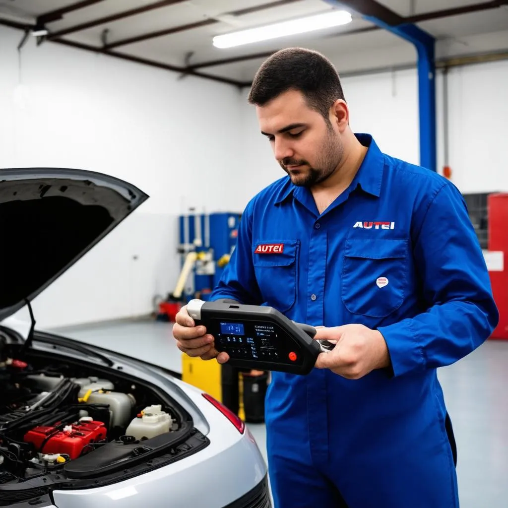 Autel code reader being used on a car engine