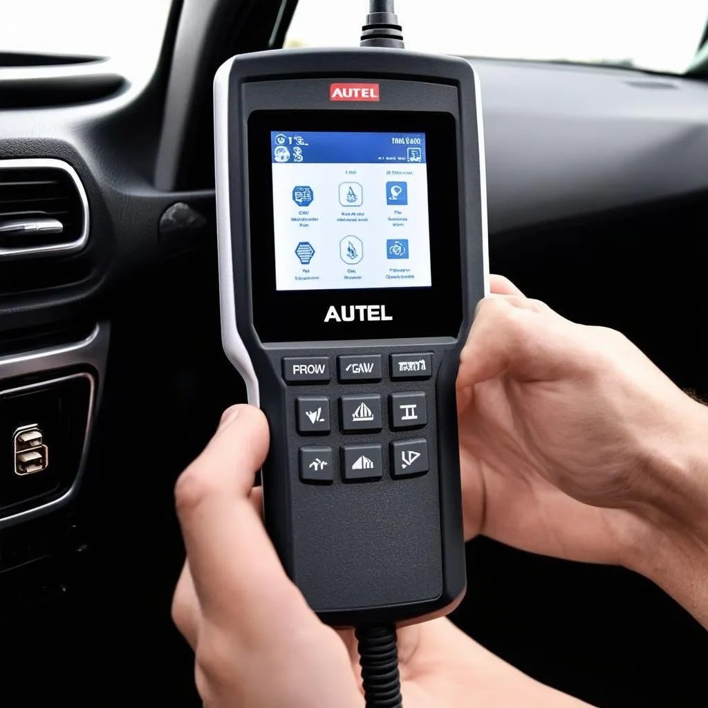 Autel code reader with TPMS programmer used with a car