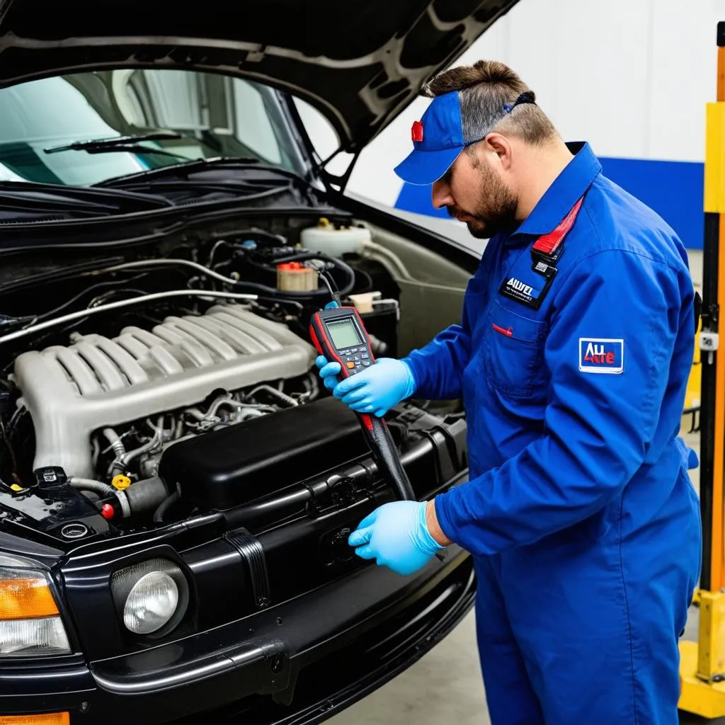 Mechanic using Autel compression tester on a car engine