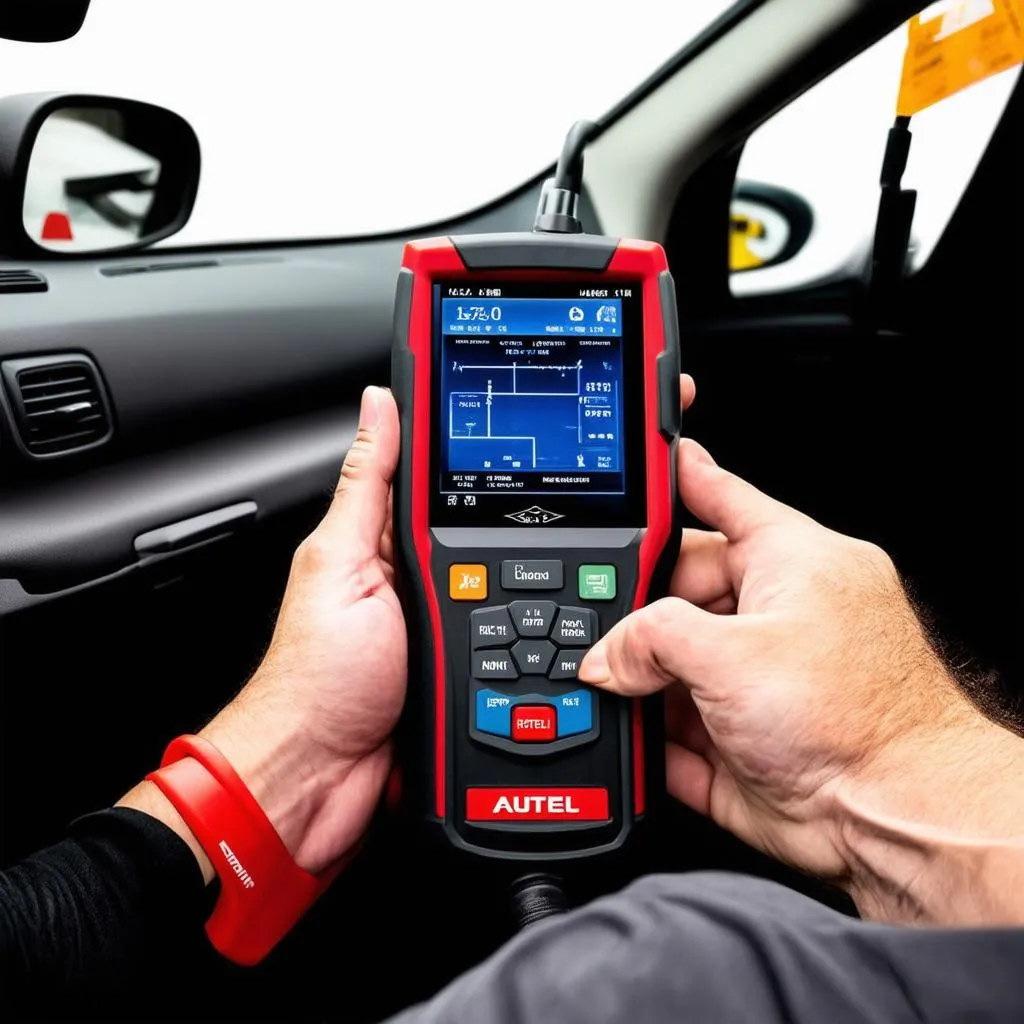 Technician using an Autel diagnostic tool