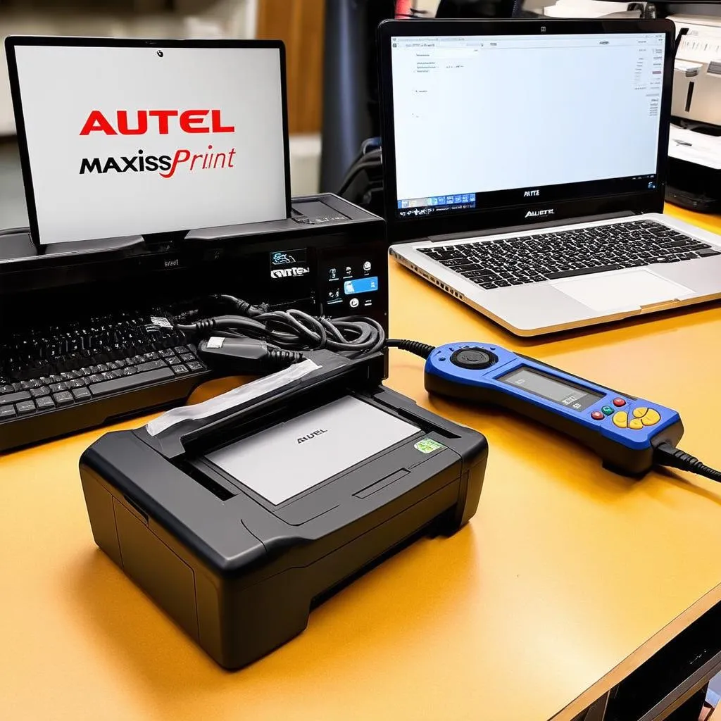 Autel MaxiSys scanner, Autel MaxiPrint printer, and a laptop computer