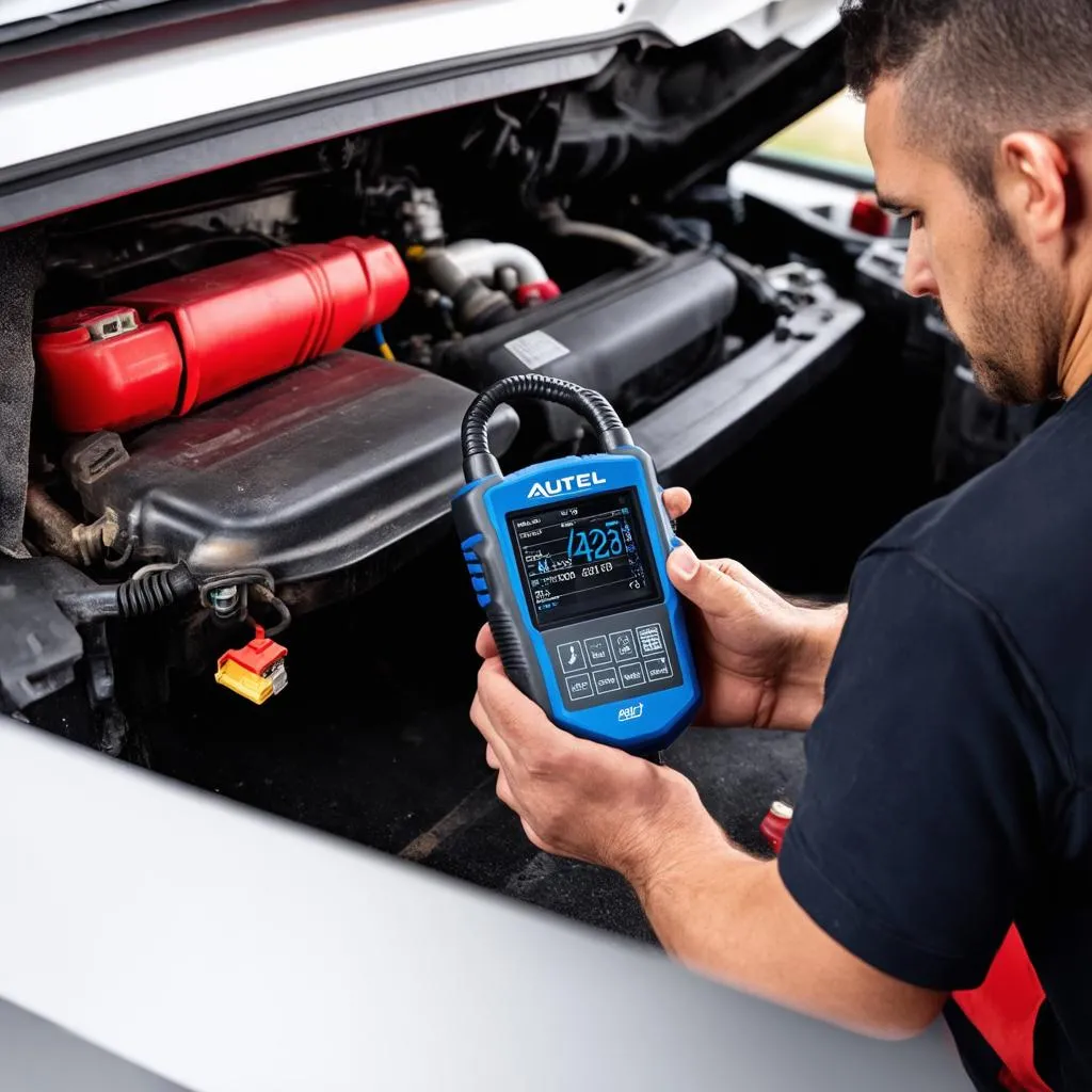 Autel diagnostic tool being used by a mechanic to diagnose a car