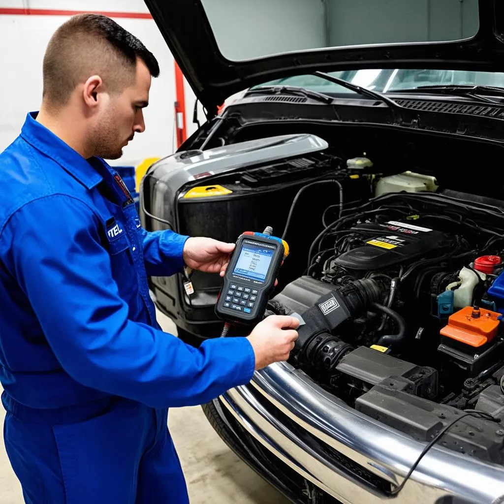 Mechanic using an Autel diesel scan tool to diagnose a truck engine.