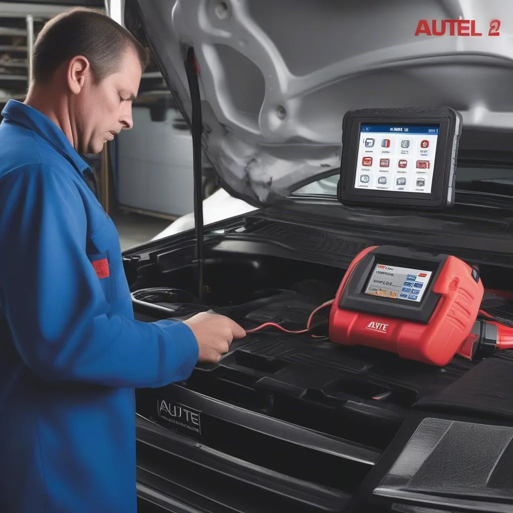 Mechanic using an Autel diesel scanner on a truck