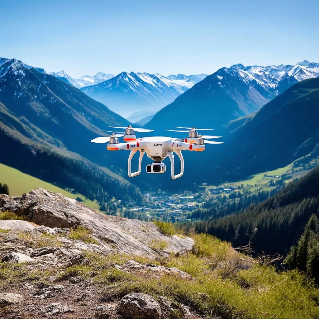 An Autel drone flying above a majestic mountain range