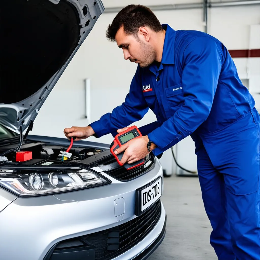 Mechanic using Autel DS708 to diagnose car problems