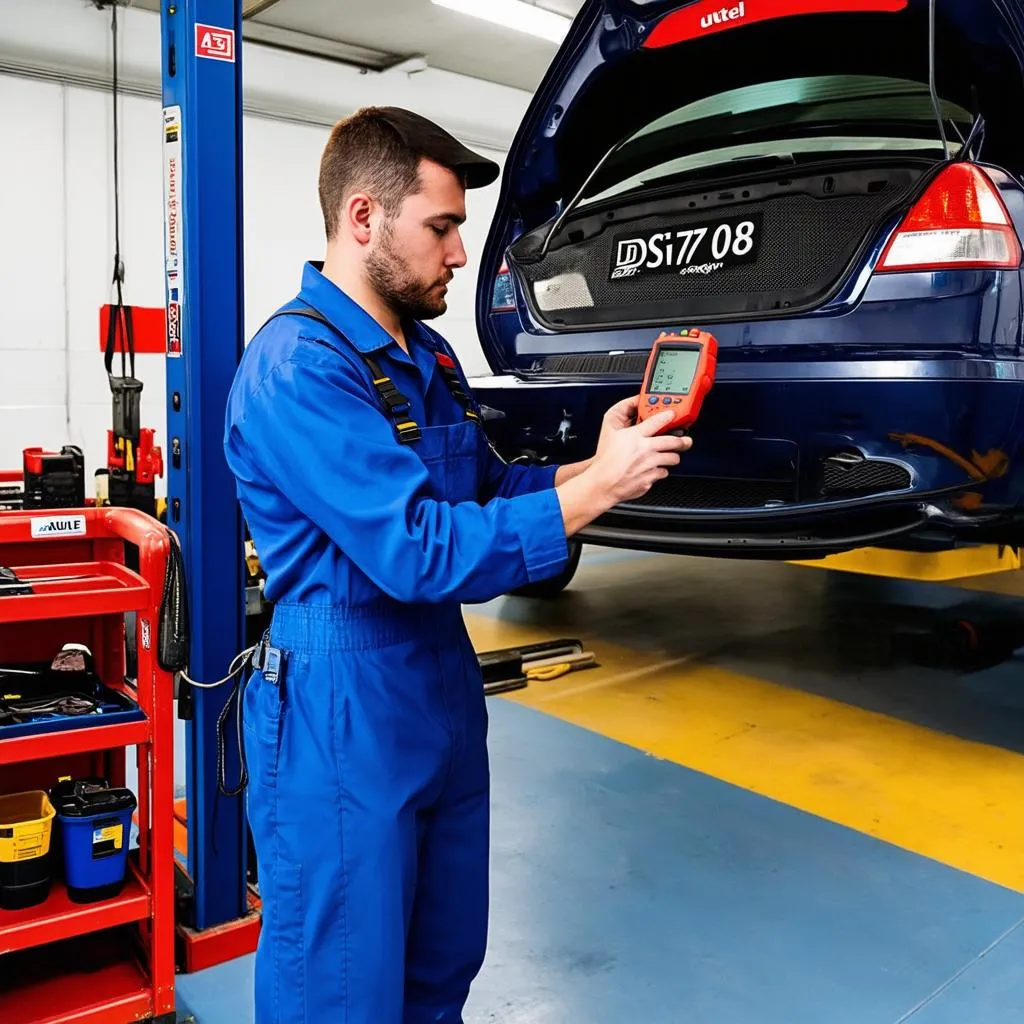 Autel DS708 being used in a mechanic shop