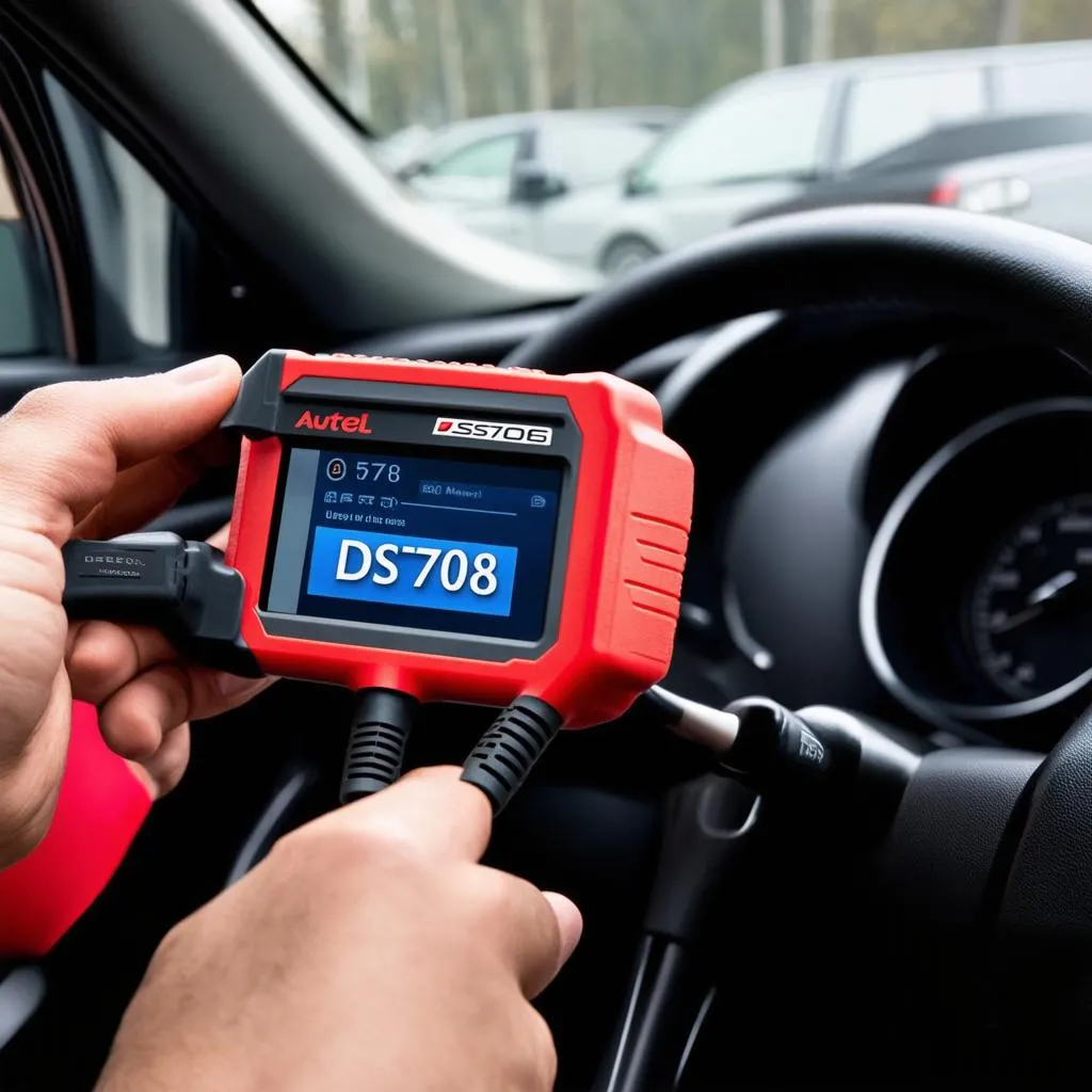 Autel DS708 scanner connected to a car's OBD-II port