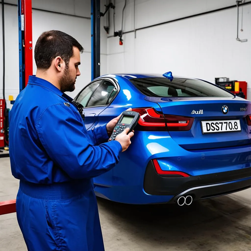 Mechanic using Autel DS708 to diagnose a BMW in a professional garage setting