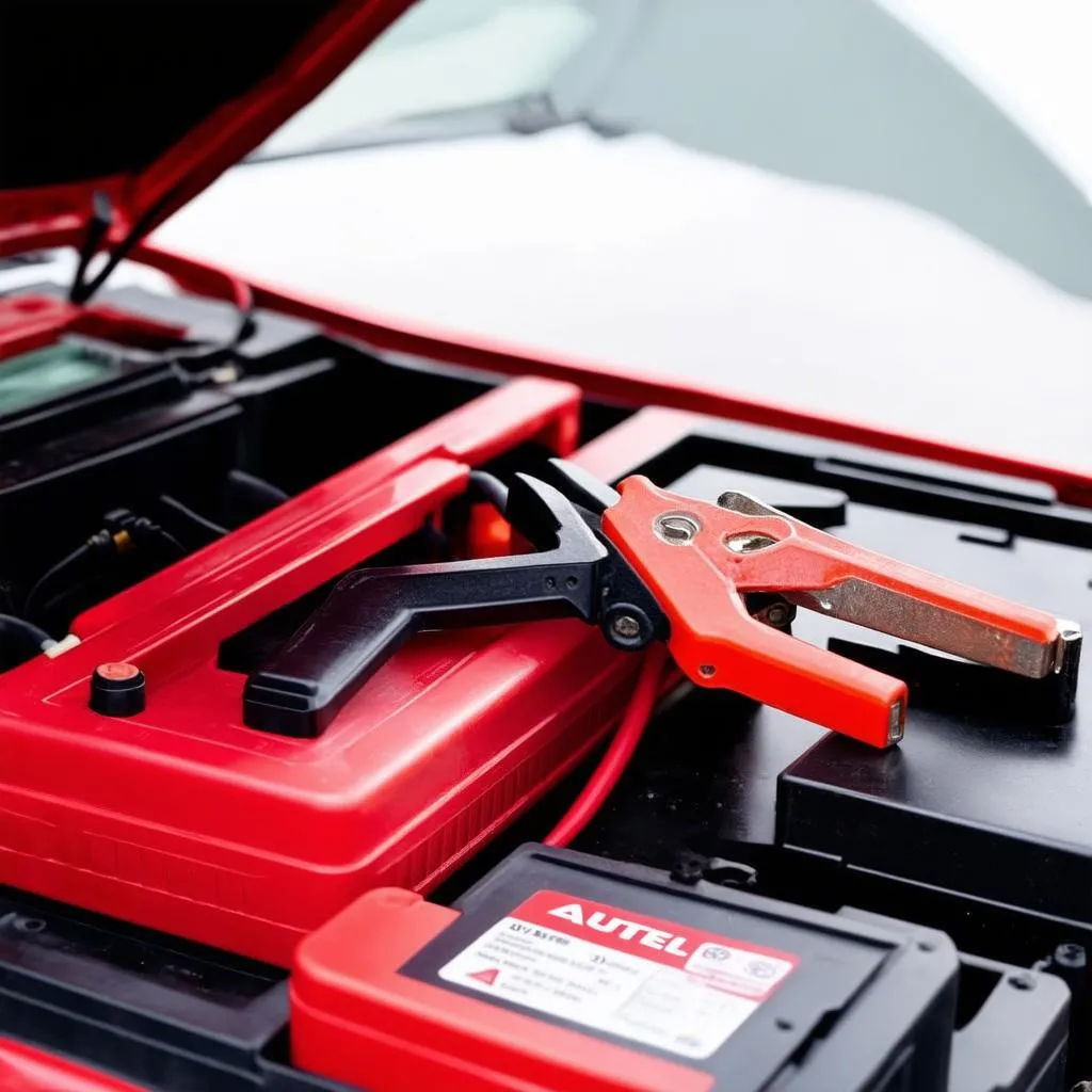 Autel external battery jumpstarting a car