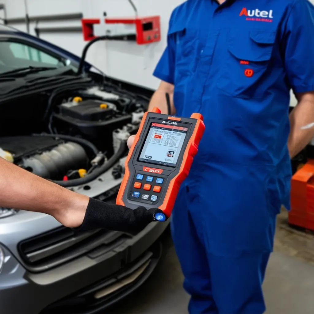 Mechanic holding an Autel G-Box 2