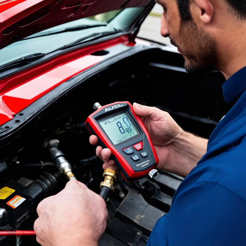 Mechanic Using Autel Gas Analyzer