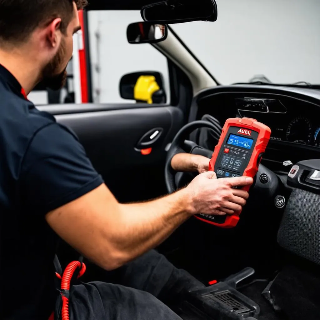 Mechanic using Autel IM508 to diagnose a car