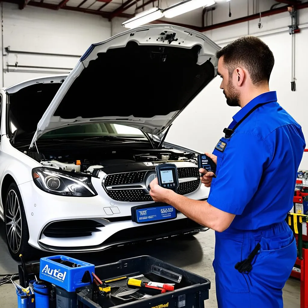 Mechanic using the Autel Kestrel to diagnose a car problem