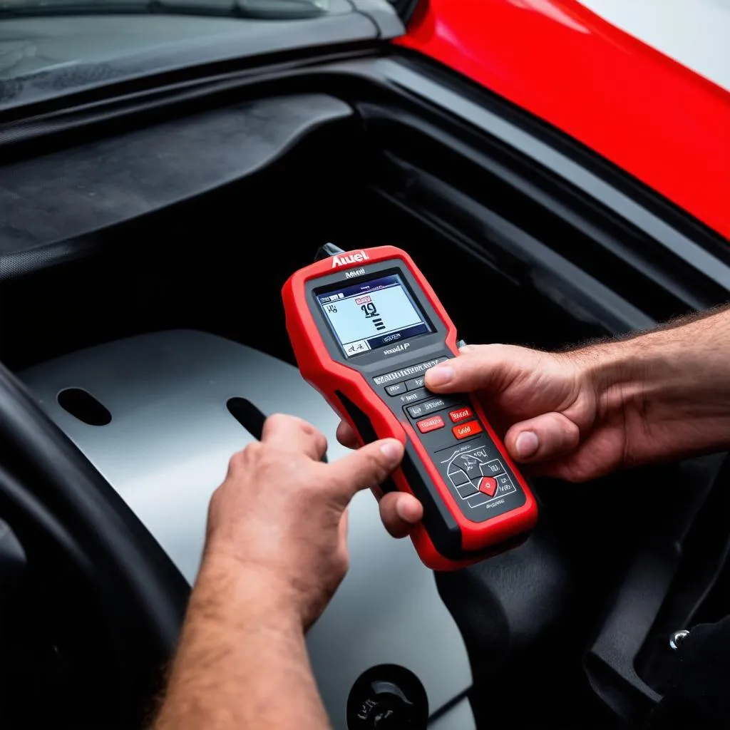 A mechanic using an Autel MaxiAP 100 to diagnose a car