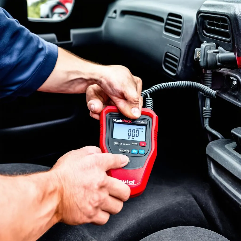 Mechanic using Autel MaxiCheck code reader