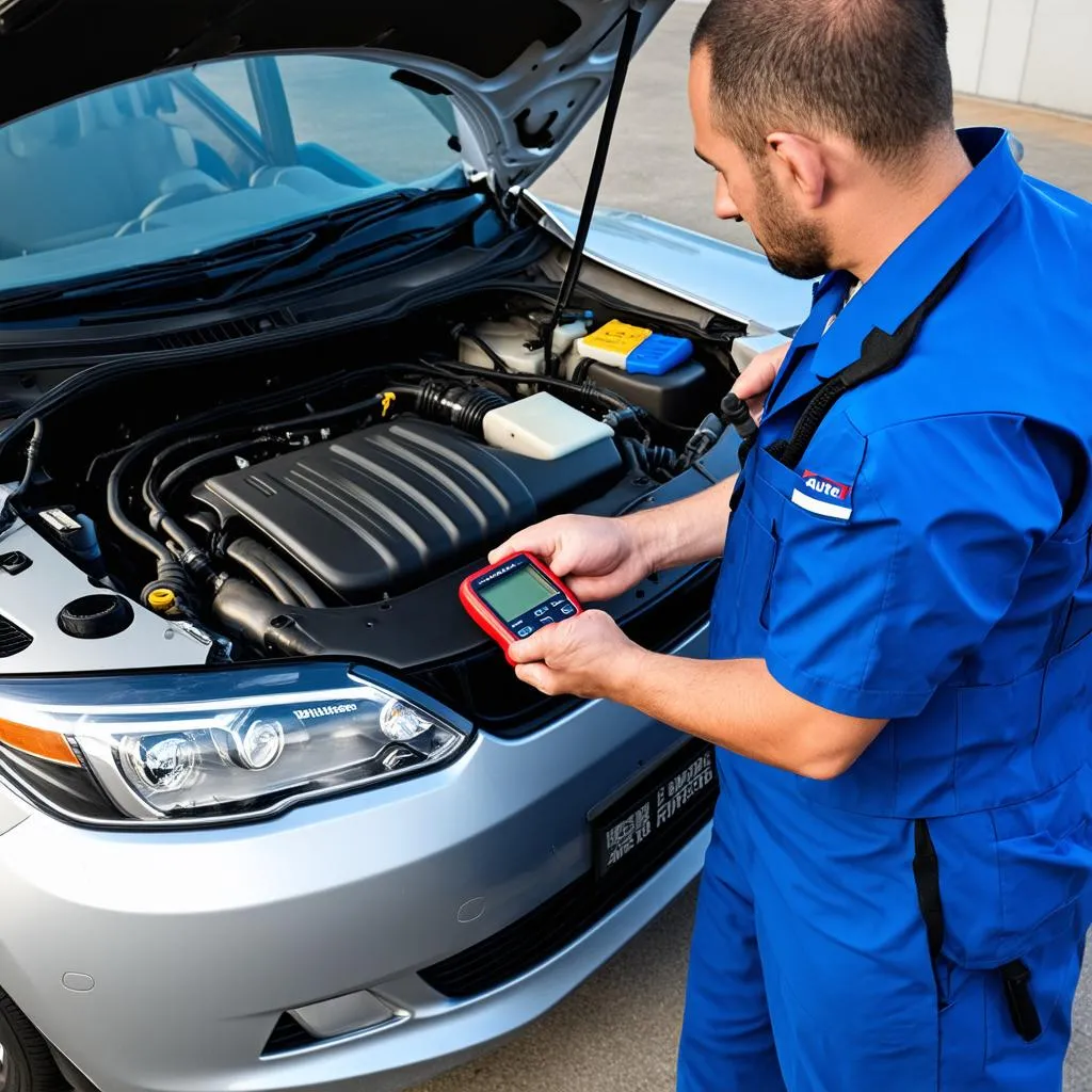 Mechanic using Autel MaxiCOM to diagnose engine problems