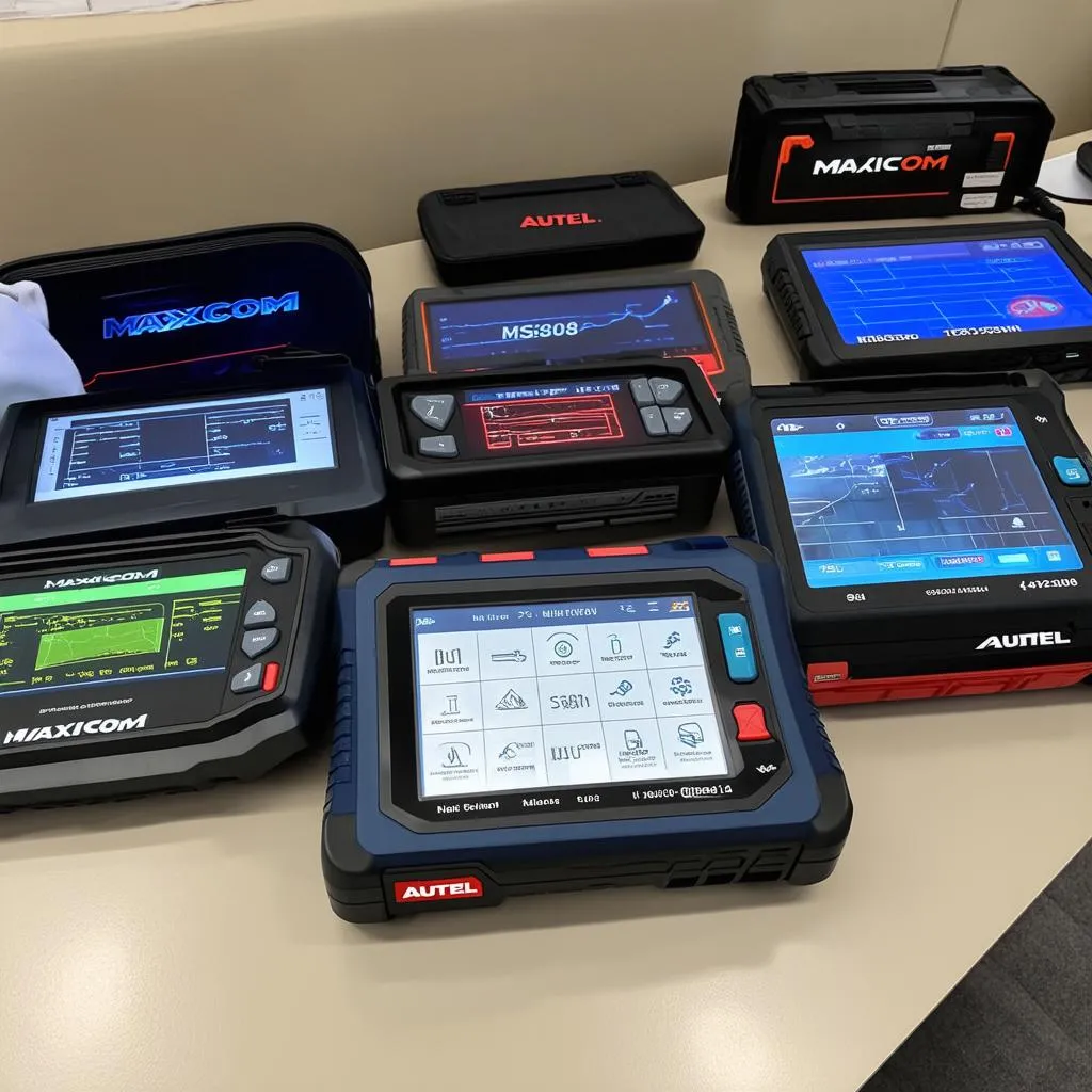 Various Autel MaxiCOM diagnostic scanners displayed on a table