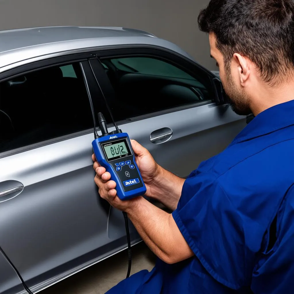 Mechanic using Autel Maxidas to diagnose a car problem