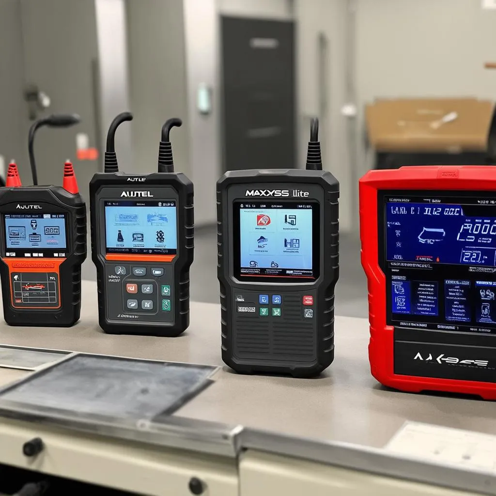 Different models of Autel Maxidas diagnostic tools.