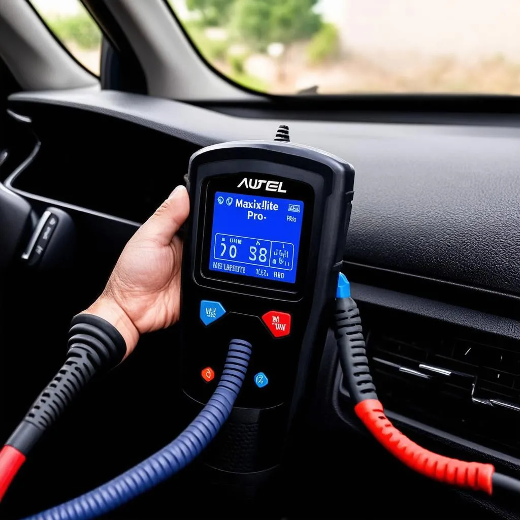 Autel MaxiElite Pro plugged into a car's OBD-II port