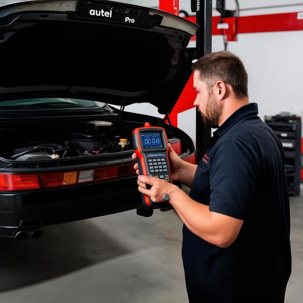 Mechanic using Autel MaxiElite Pro to diagnose a car